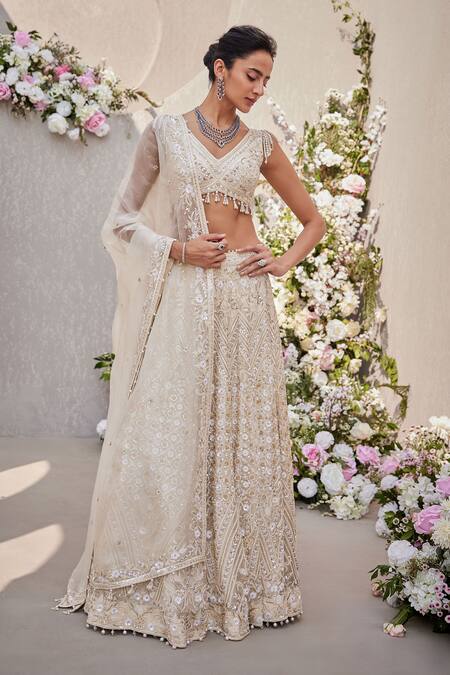 Saisha_Ivory Organza Pearls, Crystals, Tonal Dabka Embroidered Bridal Lehenga Set _at_Aza_Fashions