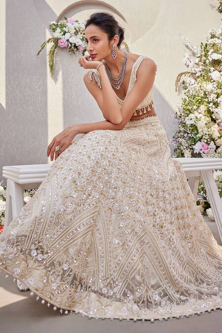 Buy_Saisha_Ivory Organza Pearls, Crystals, Tonal Dabka Embroidered Bridal Lehenga Set 