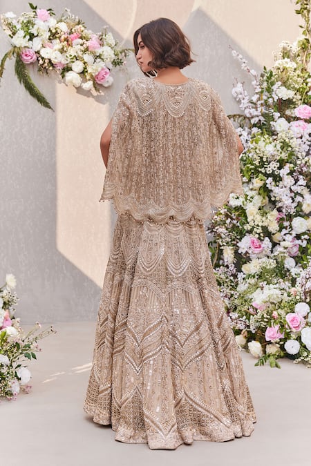 Shop_Saisha_Gold Organza, Silk Pearls, Cut Work, Sequins, Embellished Lehenga Cape Set _at_Aza_Fashions