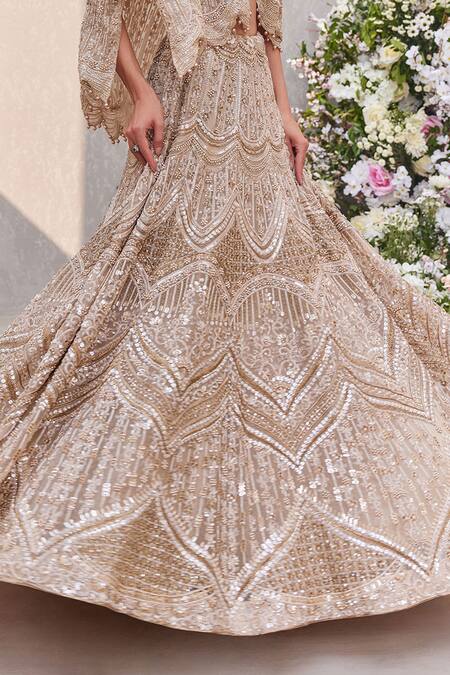Saisha_Gold Organza, Silk Pearls, Cut Work, Sequins, Embellished Lehenga Cape Set _Online_at_Aza_Fashions