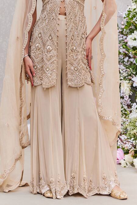 Saisha_Gold Organza, Georgette Beads, Sequins, Cut Cutdana Embroidered Peplum Kurta Set_Online_at_Aza_Fashions