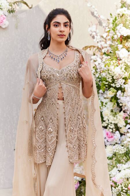 Buy_Saisha_Gold Organza, Georgette Beads, Sequins, Cut Cutdana Embroidered Peplum Kurta Set_Online_at_Aza_Fashions