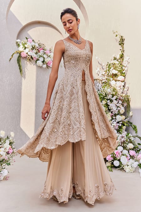 Shop_Saisha_Gold Organza, Net, Georgette Embroidery, Beads, Cutdana Kurta Sharara Set _at_Aza_Fashions