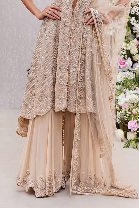 Saisha_Gold Organza, Net, Georgette Embroidery, Beads, Cutdana Kurta Sharara Set _Online_at_Aza_Fashions