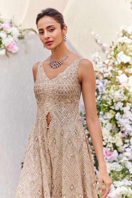 Buy_Saisha_Gold Organza, Net, Georgette Embroidery, Beads, Cutdana Kurta Sharara Set _Online_at_Aza_Fashions