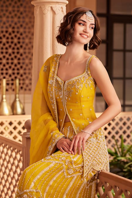 Buy_Saisha_Yellow Organza Embroidery, Tassels, Sequins, Zari Cutdana Peplum Sharara Set _Online_at_Aza_Fashions