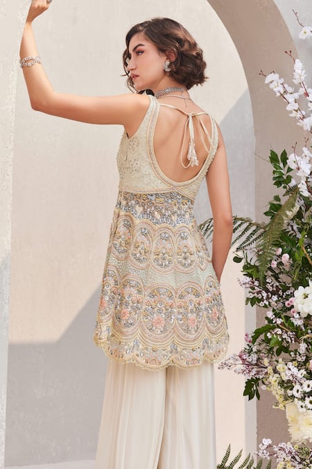 Shop_Saisha_Ivory Organza, Georgette Cut Work, Sequins, Floral Peplum Kurta Sharara Set _at_Aza_Fashions