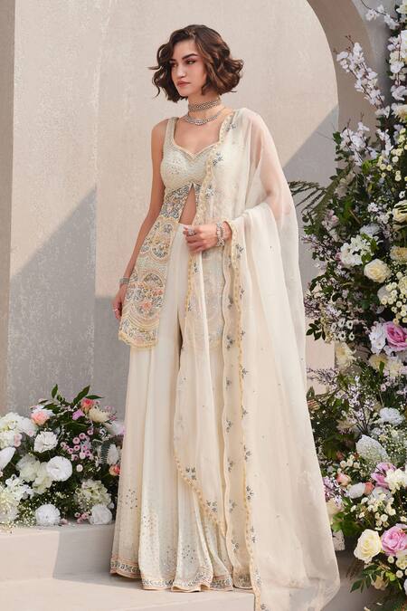 Buy_Saisha_Ivory Organza, Georgette Cut Work, Sequins, Floral Peplum Kurta Sharara Set _Online_at_Aza_Fashions