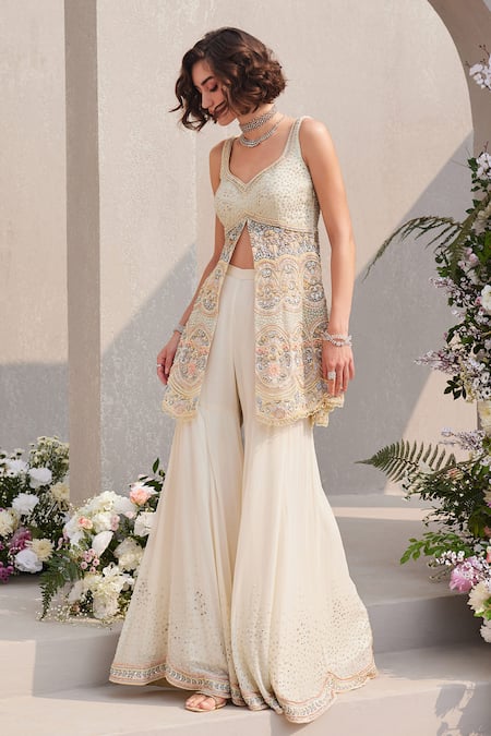 Shop_Saisha_Ivory Organza, Georgette Cut Work, Sequins, Floral Peplum Kurta Sharara Set _Online_at_Aza_Fashions