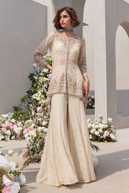 Buy Saisha Ivory Organza, Georgette Pearls, Cut Embroidered High-low Kurta And Sharara Set Online at Aza Fashions Buy_Saisha_Ivory Organza, Georgette Pearls, Cut Embroidered High-low Kurta And Sharara Set _Online_at_Aza_Fashions
