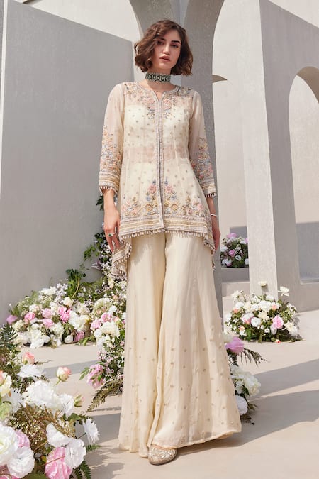 Shop Saisha Ivory Organza, Georgette Pearls, Cut Embroidered High-low Kurta And Sharara Set Online at Aza Fashions Shop_Saisha_Ivory Organza, Georgette Pearls, Cut Embroidered High-low Kurta And Sharara Set _Online_at_Aza_Fashions