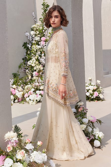 Saisha Ivory Organza, Georgette Pearls, Cut Embroidered High-low Kurta And Sharara Set at Aza Fashions Saisha_Ivory Organza, Georgette Pearls, Cut Embroidered High-low Kurta And Sharara Set _at_Aza_Fashions