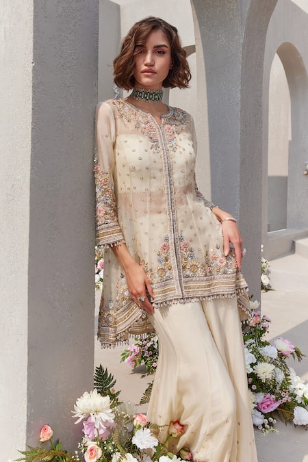 Buy Saisha Ivory Organza, Georgette Pearls, Cut Embroidered High-low Kurta And Sharara Set Buy_Saisha_Ivory Organza, Georgette Pearls, Cut Embroidered High-low Kurta And Sharara Set