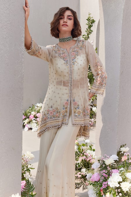 Shop Saisha Ivory Organza, Georgette Pearls, Cut Embroidered High-low Kurta And Sharara Set Shop_Saisha_Ivory Organza, Georgette Pearls, Cut Embroidered High-low Kurta And Sharara Set