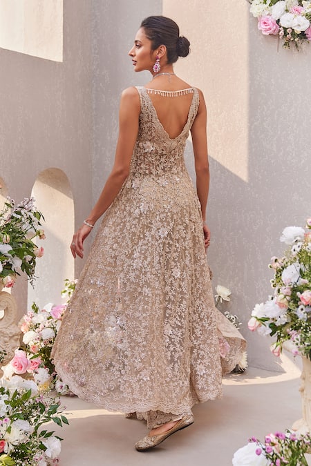 Shop_Saisha_Beige Net Sequins, Embroidery, Cut Work Scoop Neck Floral High-low Kurta Set _at_Aza_Fashions