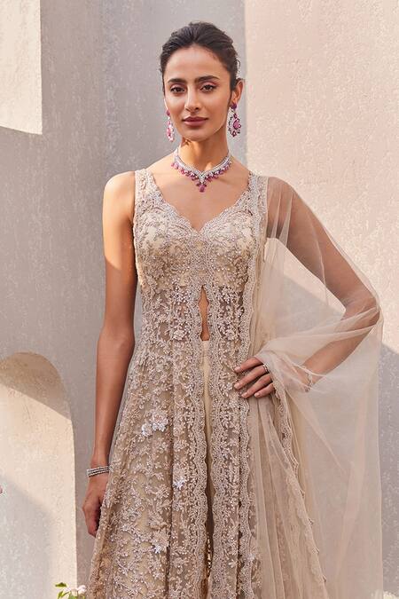 Saisha_Beige Net Sequins, Embroidery, Cut Work Scoop Neck Floral High-low Kurta Set _Online_at_Aza_Fashions