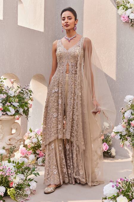 Buy_Saisha_Beige Net Sequins, Embroidery, Cut Work Scoop Neck Floral High-low Kurta Set _Online_at_Aza_Fashions