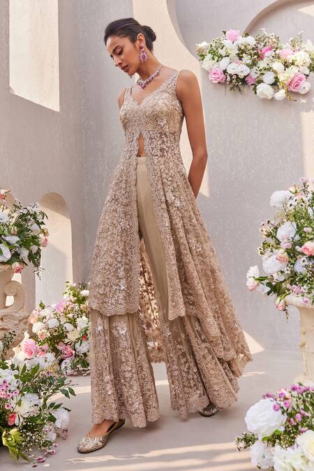 Shop_Saisha_Beige Net Sequins, Embroidery, Cut Work Scoop Neck Floral High-low Kurta Set _Online_at_Aza_Fashions