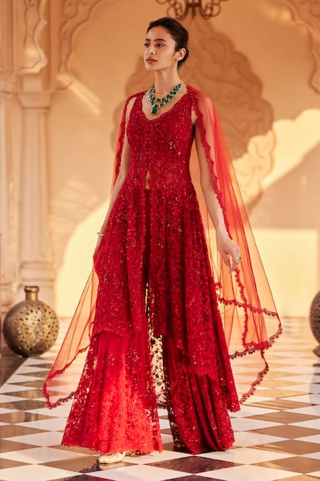 Shop Saisha Red Net Cut Work, Sequins Scoop Neck Embroidered High-low Kurta Sharara Set at Aza Fashions Shop_Saisha_Red Net Cut Work, Sequins Scoop Neck Embroidered High-low Kurta Sharara Set _at_Aza_Fashions