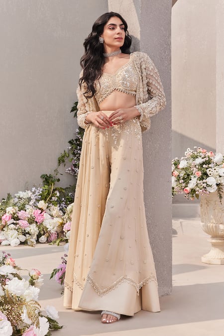 Shop_Saisha_Ivory Organza, Georgette Pearls, Sequins, Cut Embroidered Jacket Sharara Set _at_Aza_Fashions