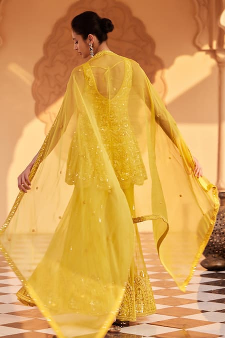 Shop_Saisha_Yellow Organza, Net Embroidery, Cut Tonal Embellished Mustard Peplum Kurta Set _at_Aza_Fashions