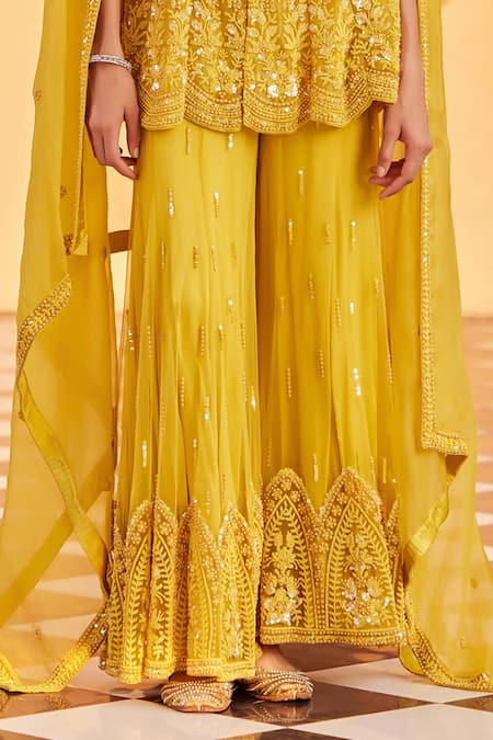 Saisha_Yellow Organza, Net Embroidery, Cut Tonal Embellished Mustard Peplum Kurta Set _Online_at_Aza_Fashions