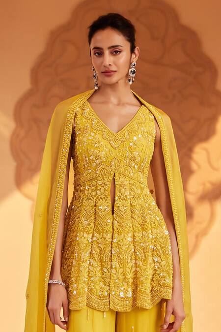 Buy_Saisha_Yellow Organza, Net Embroidery, Cut Tonal Embellished Mustard Peplum Kurta Set _Online_at_Aza_Fashions