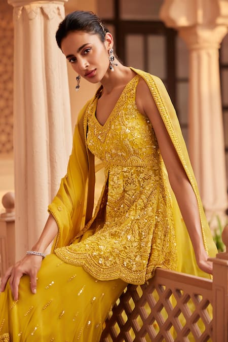 Shop_Saisha_Yellow Organza, Net Embroidery, Cut Tonal Embellished Mustard Peplum Kurta Set _Online_at_Aza_Fashions