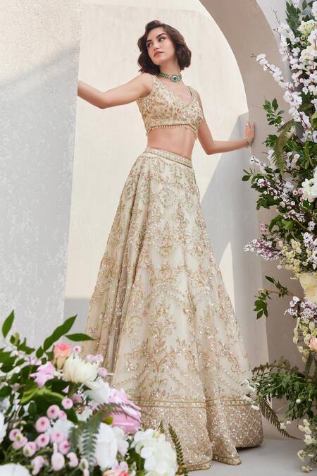 Buy_Saisha_Ivory Organza Tassels, Cut Work, Sequins, Floral Jaali 3d Lehenga Set _Online_at_Aza_Fashions