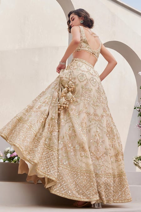 Buy_Saisha_Ivory Organza Tassels, Cut Work, Sequins, Floral Jaali 3d Lehenga Set 