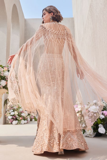 Shop_Saisha_Pink Organza, Net Cut Work, Beads, Blush Floral Vine Embroidered Lehenga Set _at_Aza_Fashions