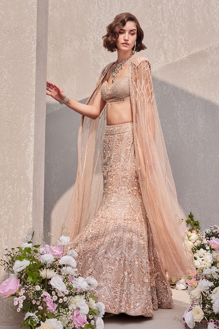Saisha_Pink Organza, Net Cut Work, Beads, Blush Floral Vine Embroidered Lehenga Set _Online_at_Aza_Fashions
