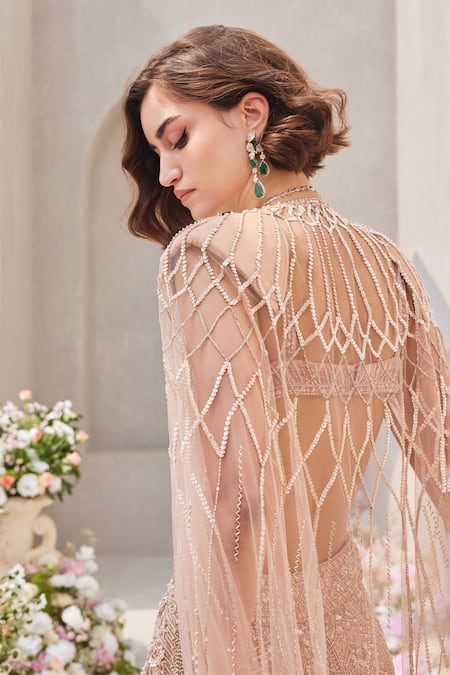 Buy_Saisha_Pink Organza, Net Cut Work, Beads, Blush Floral Vine Embroidered Lehenga Set 