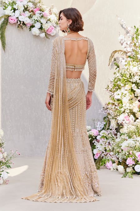 Saisha Gold Zardozi Pearl Embroidered Lehenga Saree 