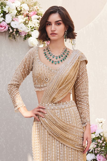 Saisha Gold Organza Tassels, Cut Work, Pearls, Zardozi Embroidered Lehenga Saree Online at Aza Fashions Saisha_Gold Organza Tassels, Cut Work, Pearls, Zardozi Embroidered Lehenga Saree _Online_at_Aza_Fashions
