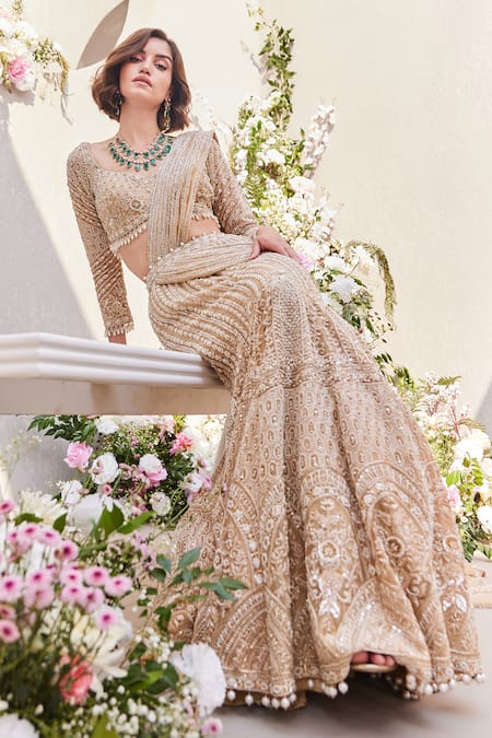 Shop Saisha Gold Organza Tassels, Cut Work, Pearls, Zardozi Embroidered Lehenga Saree Online at Aza Fashions Shop_Saisha_Gold Organza Tassels, Cut Work, Pearls, Zardozi Embroidered Lehenga Saree _Online_at_Aza_Fashions
