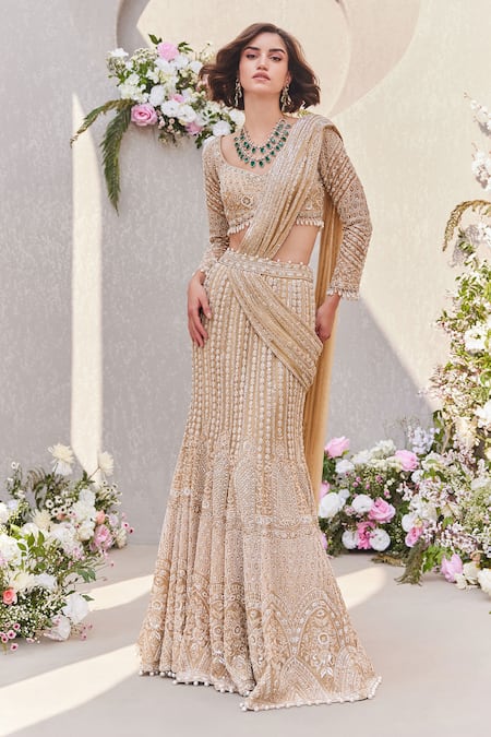 Saisha Gold Organza Tassels, Cut Work, Pearls, Zardozi Embroidered Lehenga Saree at Aza Fashions Saisha_Gold Organza Tassels, Cut Work, Pearls, Zardozi Embroidered Lehenga Saree _at_Aza_Fashions