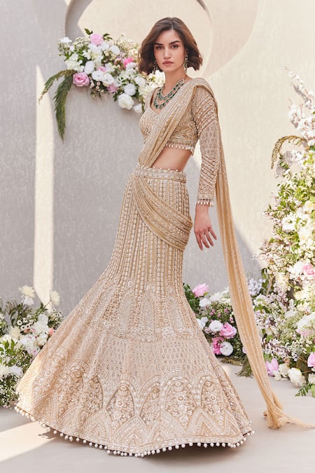 Buy Saisha Gold Organza Tassels, Cut Work, Pearls, Zardozi Embroidered Lehenga Saree Buy_Saisha_Gold Organza Tassels, Cut Work, Pearls, Zardozi Embroidered Lehenga Saree