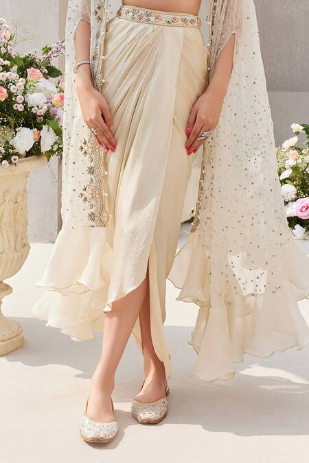 Buy_Saisha_Ivory Organza, Satin Pearls, Sequins Zardozi Embroidered Cape Dhoti Skirt Set _Online_at_Aza_Fashions