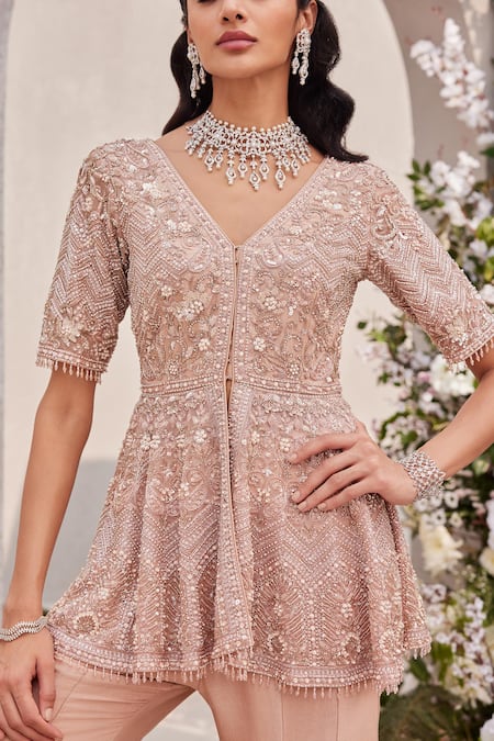 Buy_Saisha_Pink Organza, Silk Beads, Pearls, Peplum Kurta Set With Embellished Sharara _Online_at_Aza_Fashions