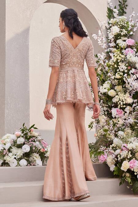 Shop_Saisha_Pink Organza, Silk Beads, Pearls, Peplum Kurta Set With Embellished Sharara _Online_at_Aza_Fashions