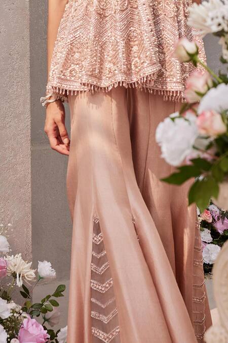 Saisha_Pink Organza, Silk Beads, Pearls, Peplum Kurta Set With Embellished Sharara _at_Aza_Fashions