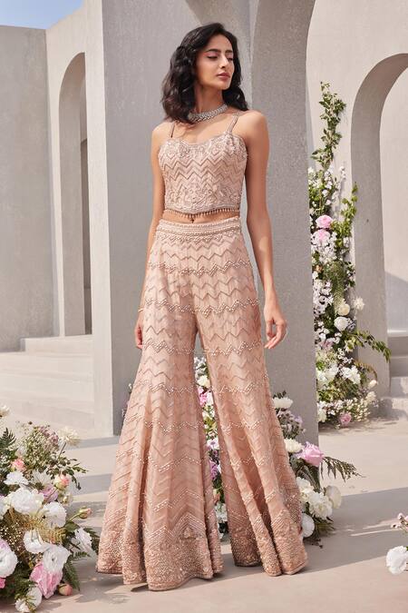 Shop Saisha Pink Organza Pearls, Sequins, Beads Cutdana Embroidered Corset Sharara Set Online at Aza Fashions Shop_Saisha_Pink Organza Pearls, Sequins, Beads Cutdana Embroidered Corset Sharara Set _Online_at_Aza_Fashions