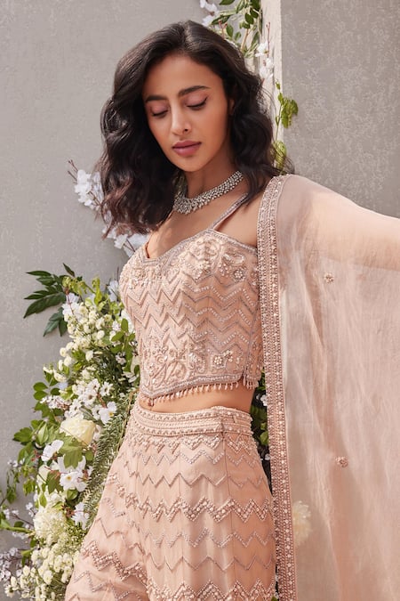 Shop Saisha Pink Organza Pearls, Sequins, Beads Cutdana Embroidered Corset Sharara Set Shop_Saisha_Pink Organza Pearls, Sequins, Beads Cutdana Embroidered Corset Sharara Set