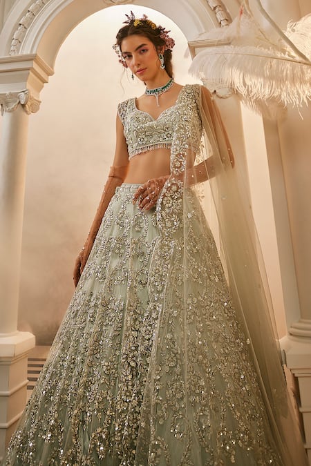 Swish By Dolcy And Simran Mint Green Sequin Embroidered Bridal Lehenga Set 