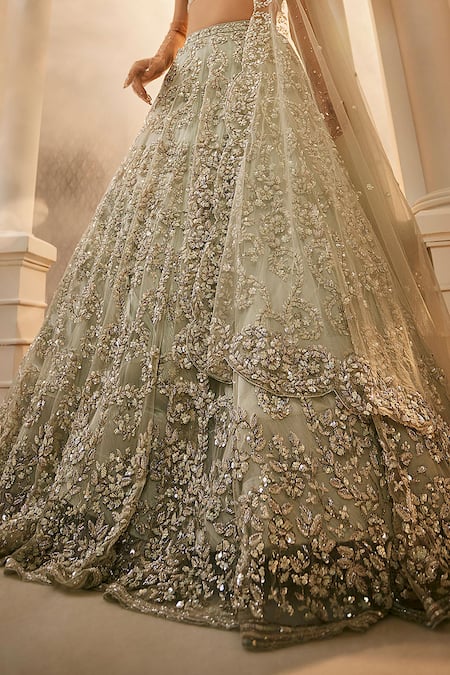 Swish By Dolcy And Simran_Green Net Sequins, Crystals, Cut Work Mint Embroidered Bridal Lehenga Set _Online_at_Aza_Fashions