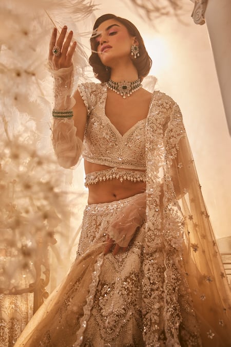 Swish By Dolcy And Simran Beige 3D Sequin Embroidered Bridal Lehenga Set 