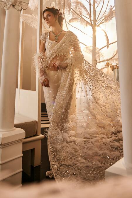 Swish By Dolcy And Simran Ivory Net Pearls, Sequins, Cut Work Floral Scatter Embroidered Saree Set Online at Aza Fashions Swish By Dolcy And Simran_Ivory Net Pearls, Sequins, Cut Work Floral Scatter Embroidered Saree Set _Online_at_Aza_Fashions