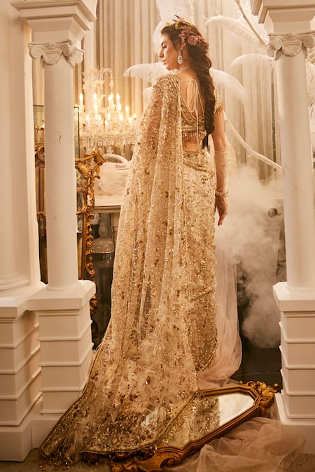 Swish By Dolcy And Simran Ivory Cutdana Embroidered Saree With Blouse