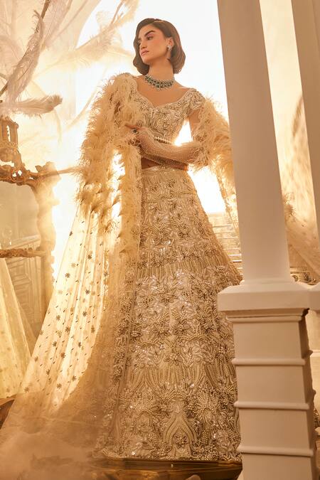 Buy_Swish By Dolcy And Simran_Ivory Net Pearls, Cut Work, Sequins Sweetheart Floral Embroidered Lehenga Set _Online_at_Aza_Fashions